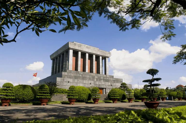 The Mausoleum of Ho Chi Minh, one of Vietnam's most famous buildings, is located in Ba Dinh Square.