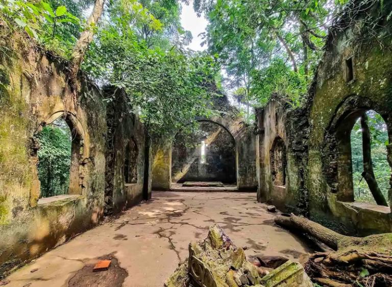 Old French mansions and structures lie in mysterious ruins deep within the forest, offering a haunting yet fascinating sight.Old French mansions and structures lie in mysterious ruins deep within the forest, offering a haunting yet fascinating sight.