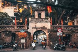 The Old City Gate bears a strong Chinese influence, evident in the curved roof and ornamental details on the archways