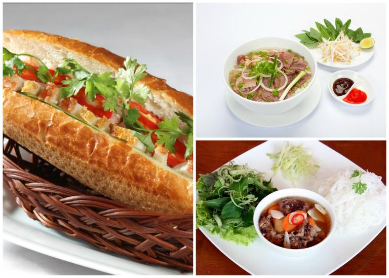 Street food vendors serving Banh Mi and Bun Cha to riders on a motorbike night tour.