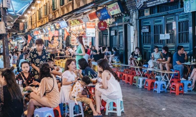 On busy nights, the street is packed with people, making it one of the best spots in Hanoi