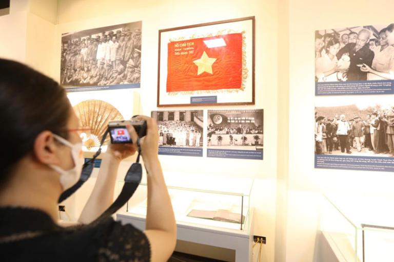 On exhibit are revolutionary posters, propaganda items, and weapons carried by Vietnamese guerilla troops