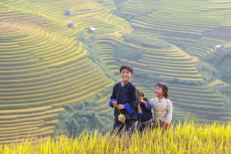 Walking through the terraced rice fields of Du Gia offers breathtaking views and tranquility.