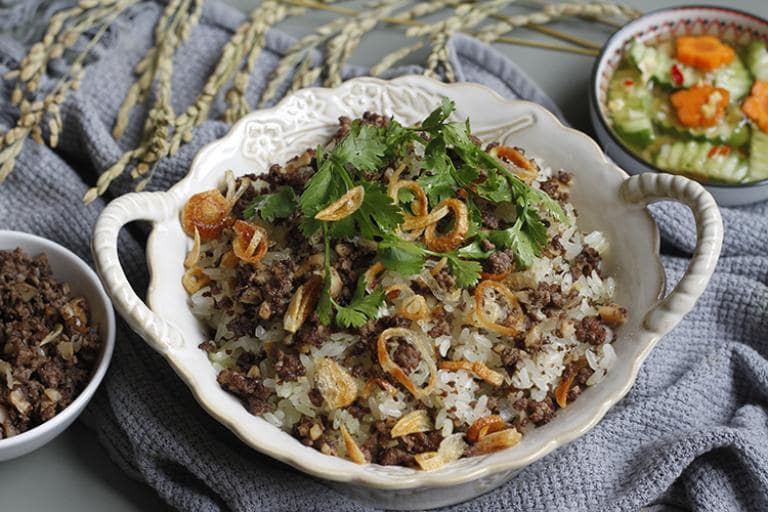 This sticky rice features a rich, nutty flavor and a distinctive aroma from the ant eggs.