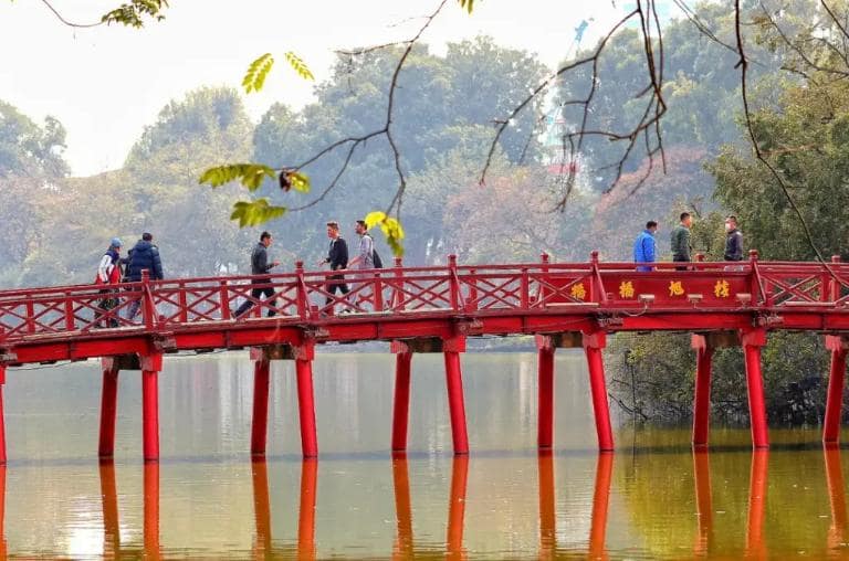 The The Huc Bridge connects the shore to Ngoc Son Temple in Hanoi.