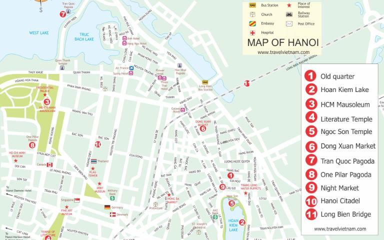 The shopping and bustling areas map lists 10 vibrant markets and modern malls across Hanoi.