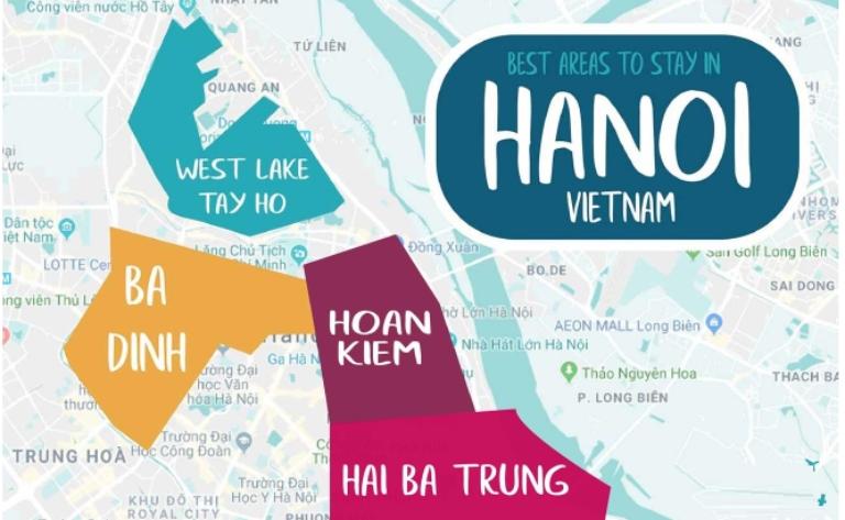 The map of Hanoi highlights 30+ districts, cultural landmarks, and vibrant urban areas