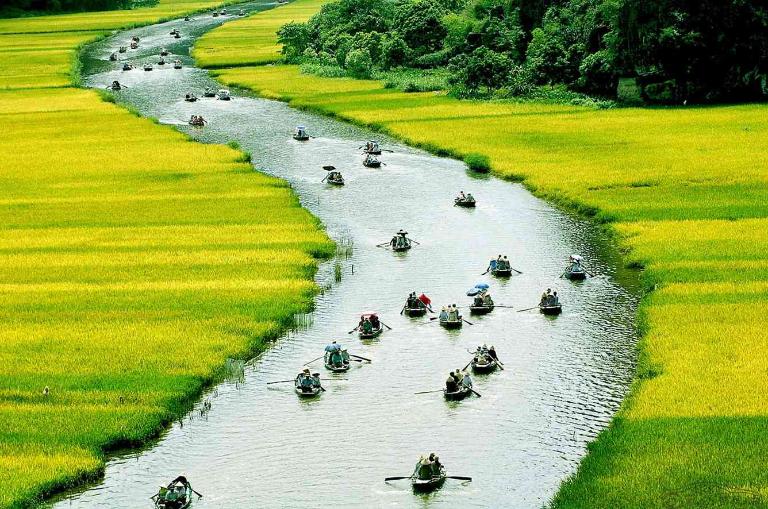 Visit Tam Coc in spring for lush green fields or in summer for golden landscapes and perfect weather.