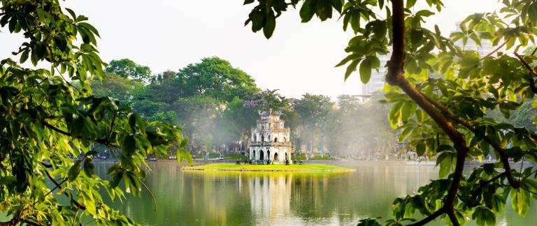 Iconic Hoan Kiem Lake’s Turtle Tower, a must-see spot for every Hanoi visitor.