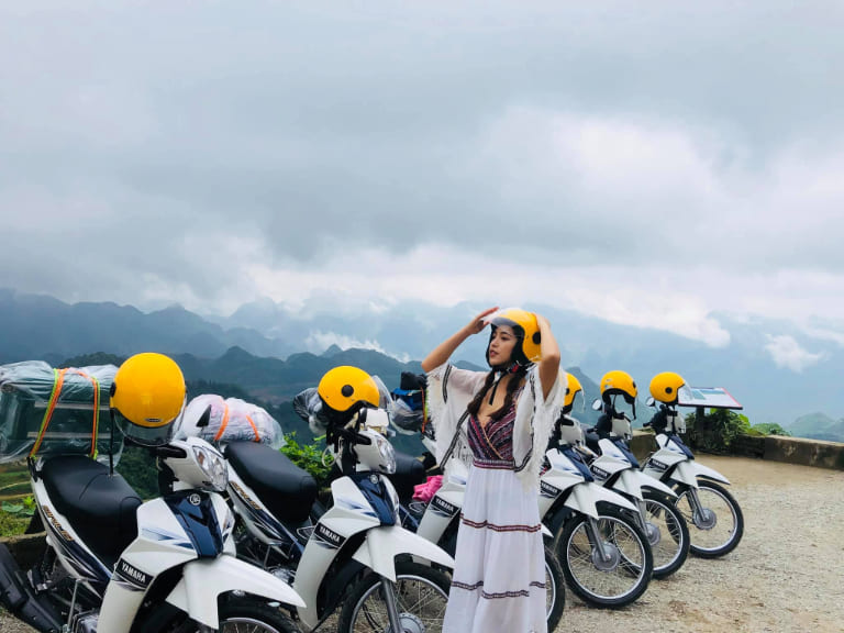 Motorbikes lined up in Ha Giang City, ready to begin the legendary loop through Vietnam’s northern mountains.